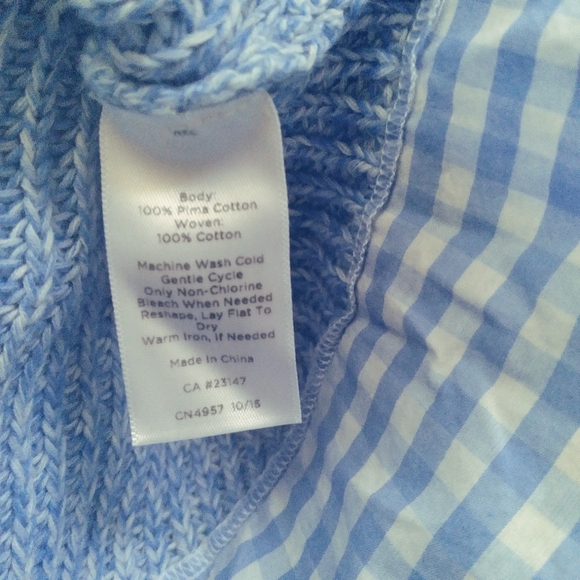 Talbots Sky Blue Preppy 100% Cotton Sweater with Gingham Accent Hem - Picture 8 of 9